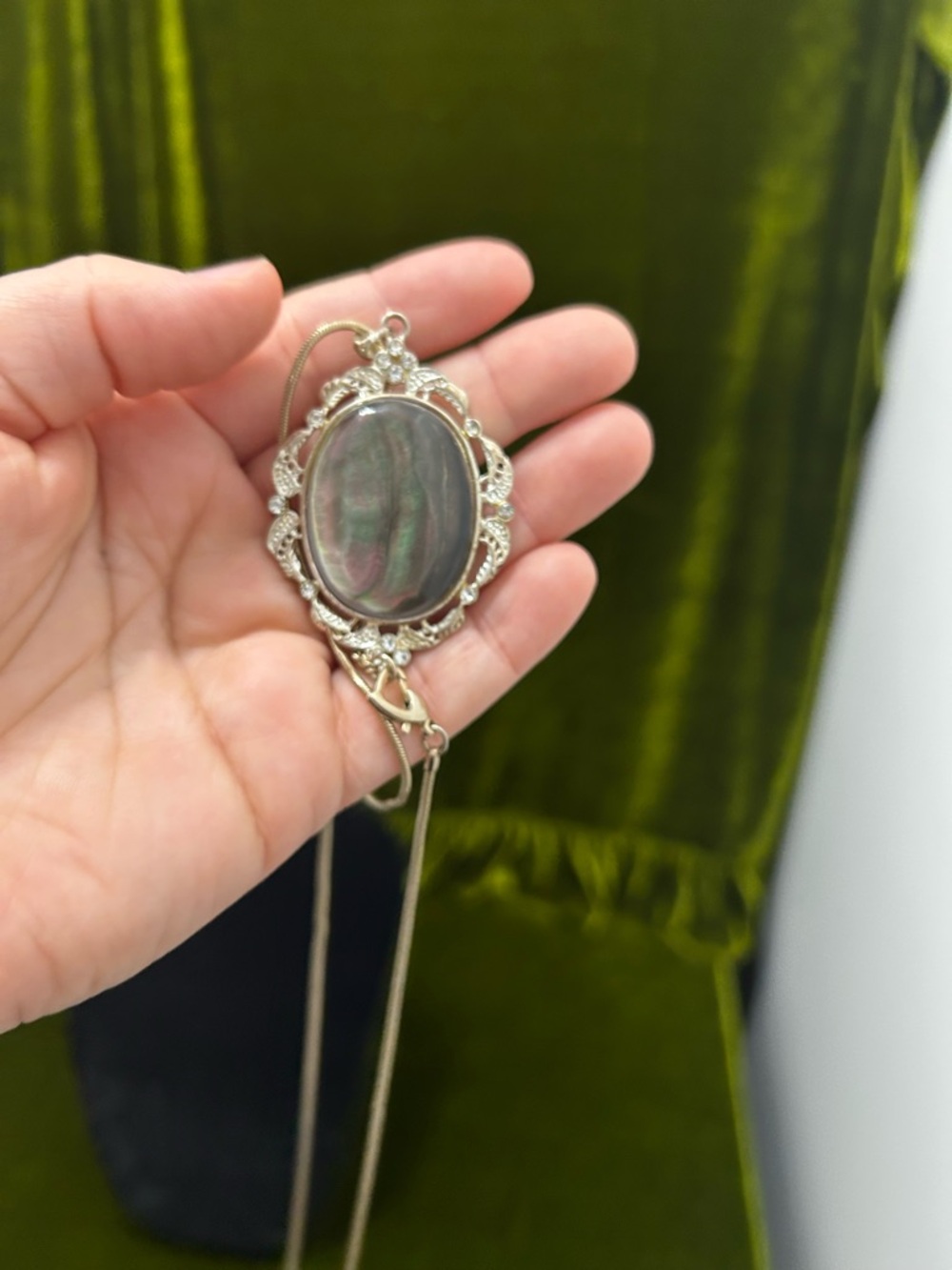 Silver-Tone Shimmer Oval Pendant Necklace - Iridescent Black/green/purple